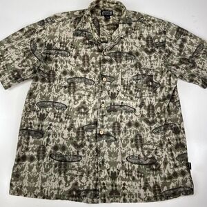 Vintage Guess Island Soul Hawaiian Shirt Large Green Brown Camo Trout Fish